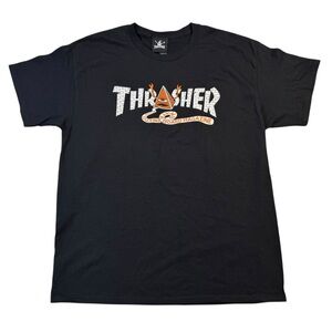 Thrasher x Toy Machine Pyramid Blood Sucking Skateboard Magazine Black Tee L